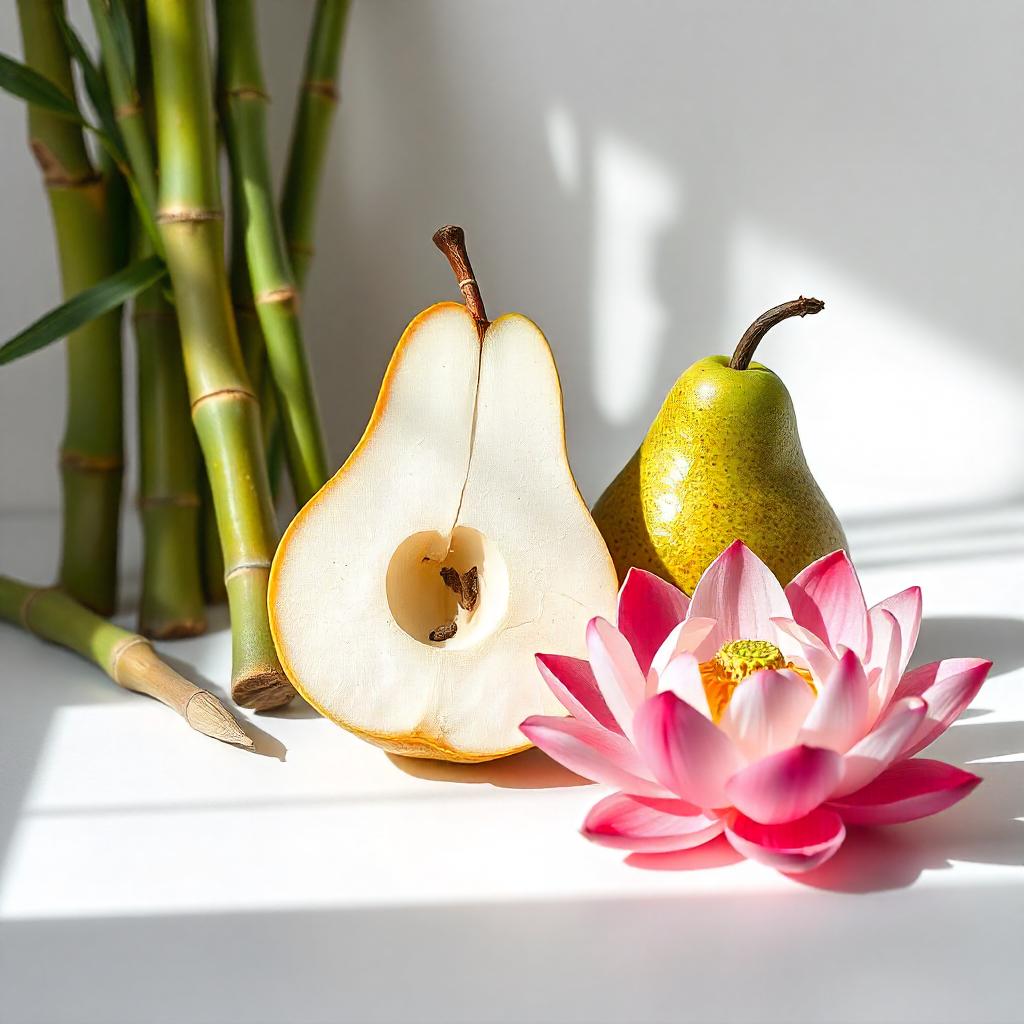 Pear, bamboo and lotus flower representing the olfactory notes of the perfume.