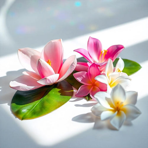 Olfactory notes of the perfume with lotus flower, plumeria and green leaves, with an aquatic and delicately floral character.