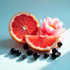 Pink grapefruit, blackcurrant and peony representing the olfactory notes of the perfume.
