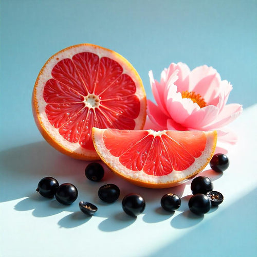 Pink grapefruit, blackcurrant and peony representing the olfactory notes of the perfume.