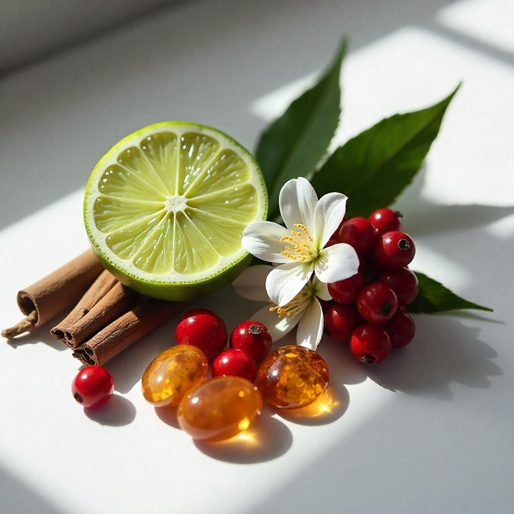 Lime, amber and red berries representing the olfactory notes of the perfume.