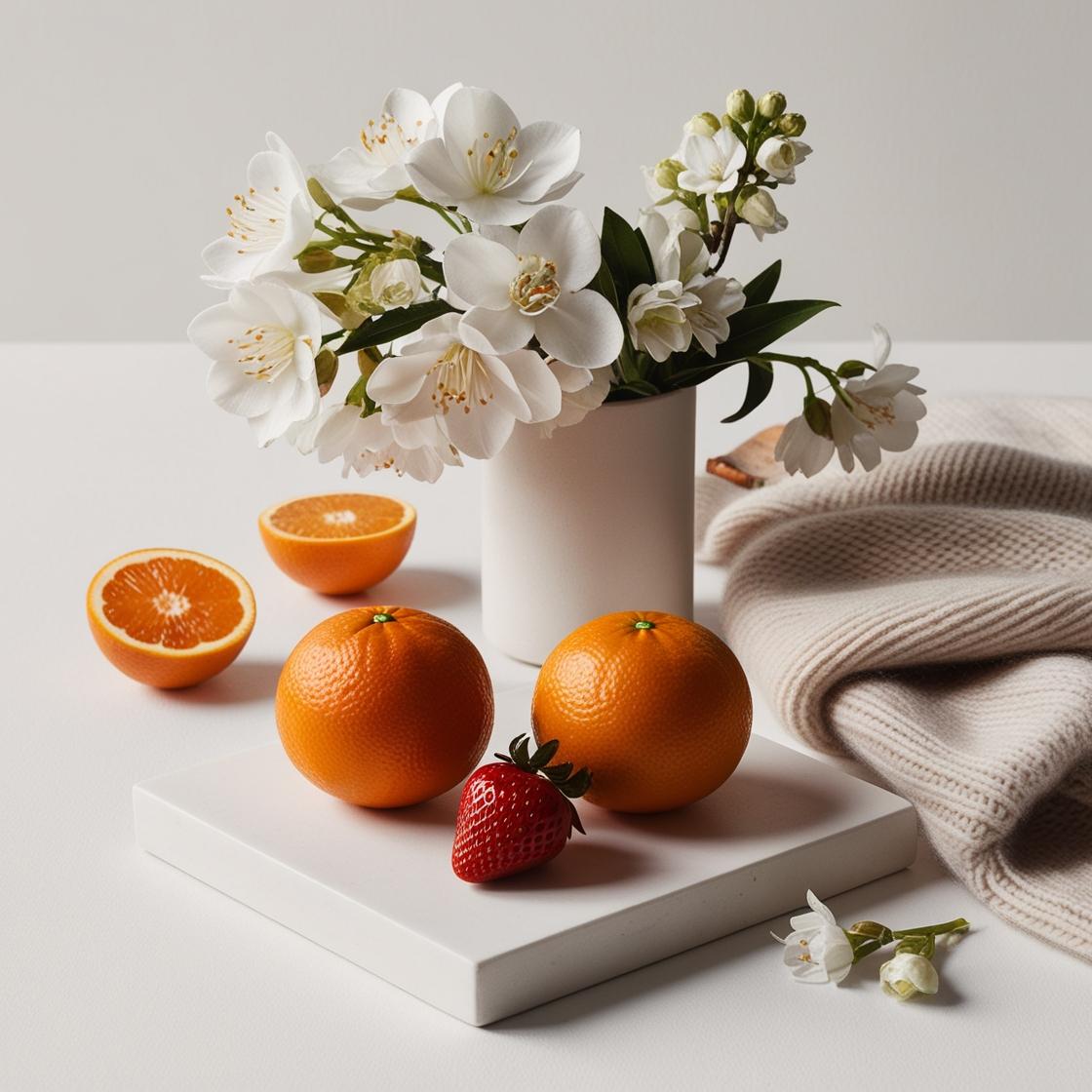 Jasmine, amber and wood representing the olfactory notes of the perfume.