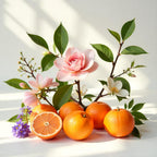 Mandarin, violet and rose representing the olfactory notes of the perfume.