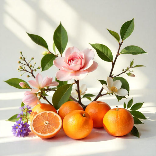 Mandarin, violet and rose representing the olfactory notes of the perfume.