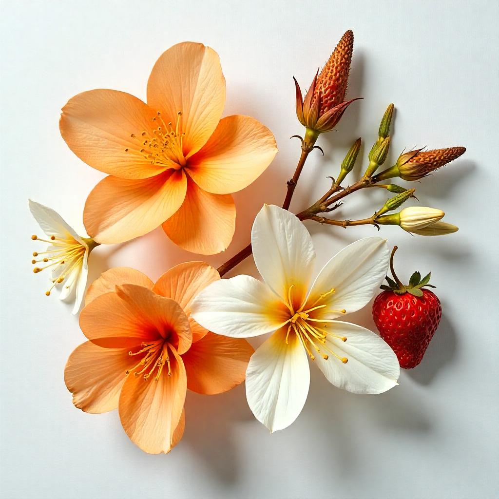Jasmine, orange blossom and strawberry representing the olfactory notes of the perfume.