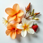 Jasmine, orange blossom and strawberry representing the olfactory notes of the perfume.