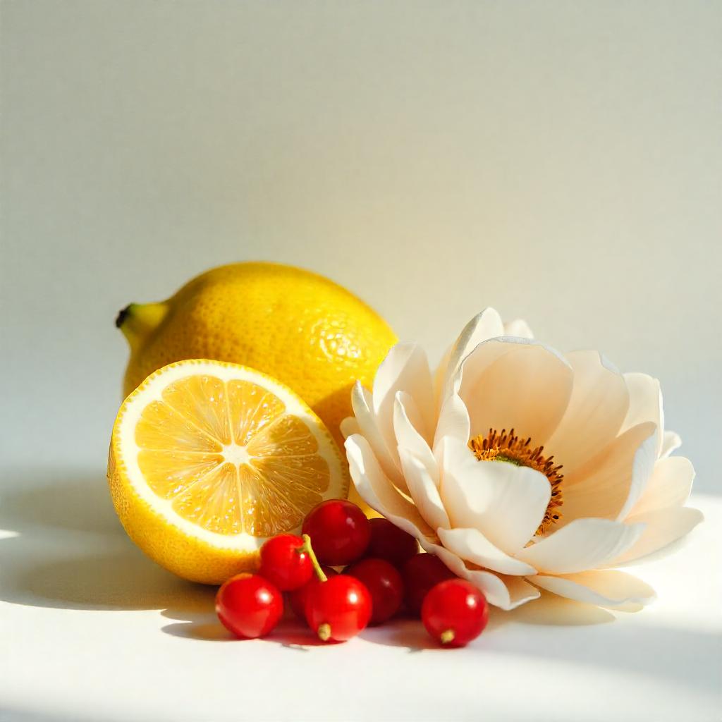 Lemon, peony and currant representing the olfactory notes of the perfume.