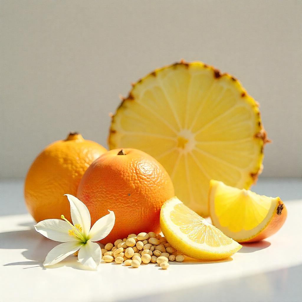 Pineapple, orange, lemon, cardamom and jasmine representing the olfactory notes of the perfume.