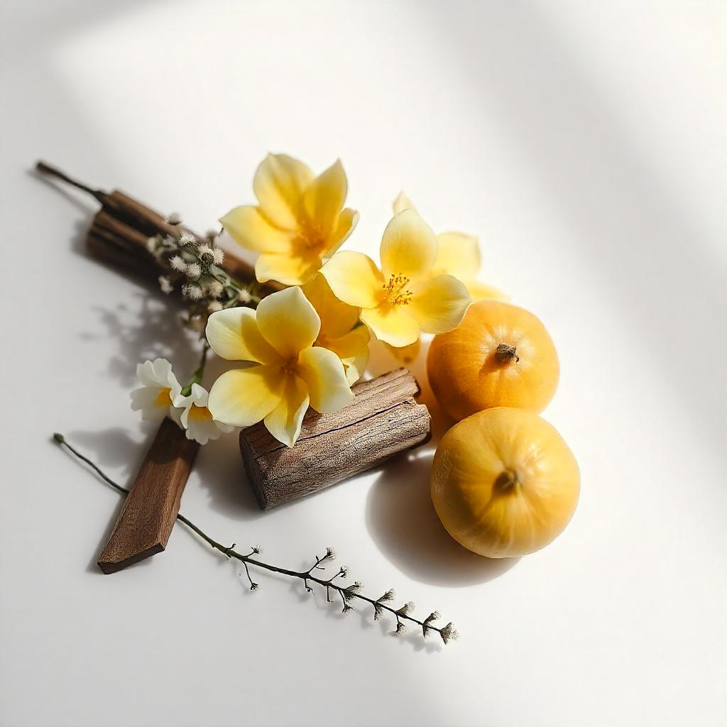 Cedar and a bouquet of flower petals representing the olfactory notes of the perfume.