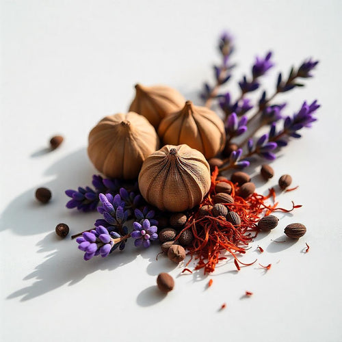 Saffron, lavender and walnut representing the olfactory notes of the perfume.