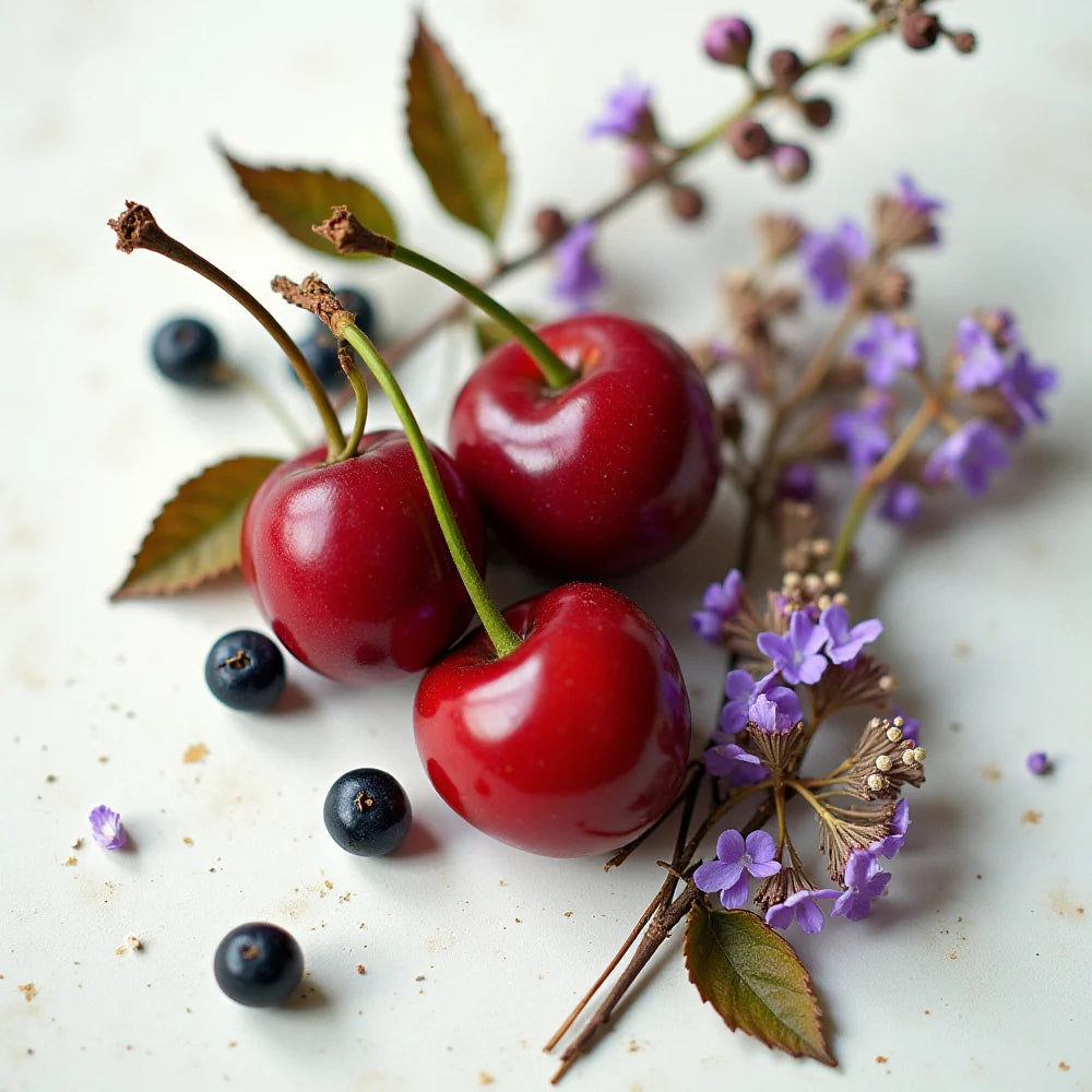 Fruity and floral olfactory notes with cherries, blueberries and violet flowers
