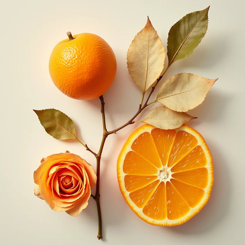 Citrus and floral olfactory notes with orange, rose and dried leaves