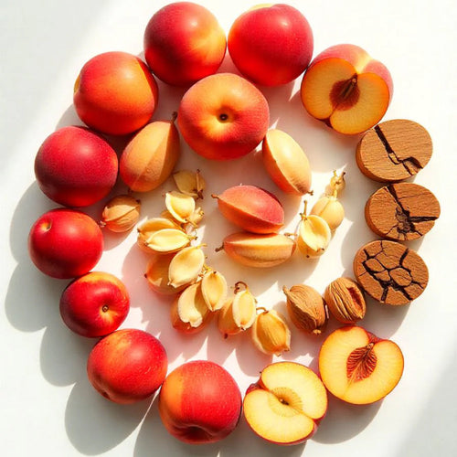 Peach, cedar and tonka bean representing the olfactory notes of the perfume.