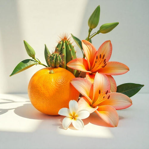 Orange blossom, camellia and cactus flower representing the olfactory notes of the perfume.