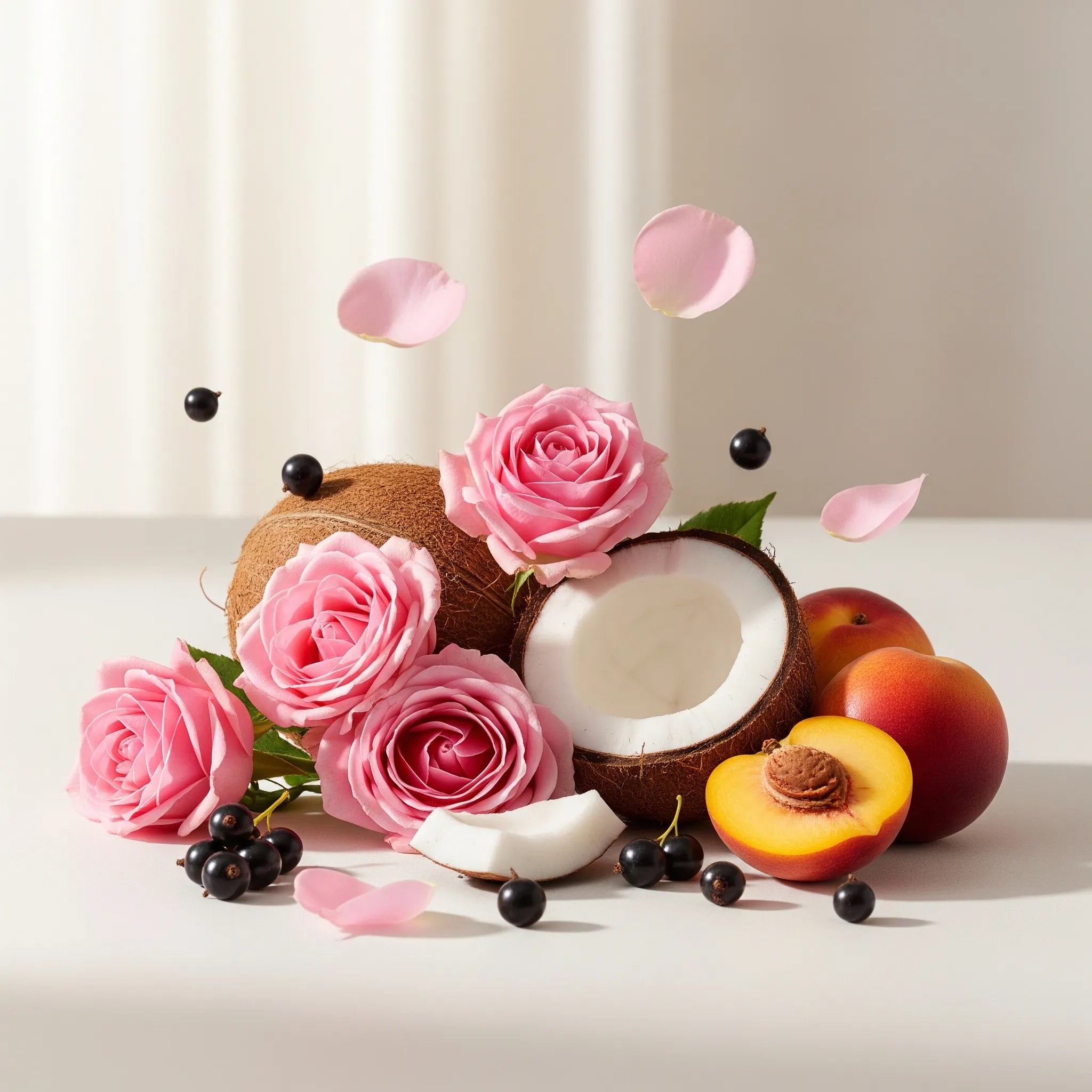 Floral and fruity olfactory notes with rose, coconut, peach and blackcurrants