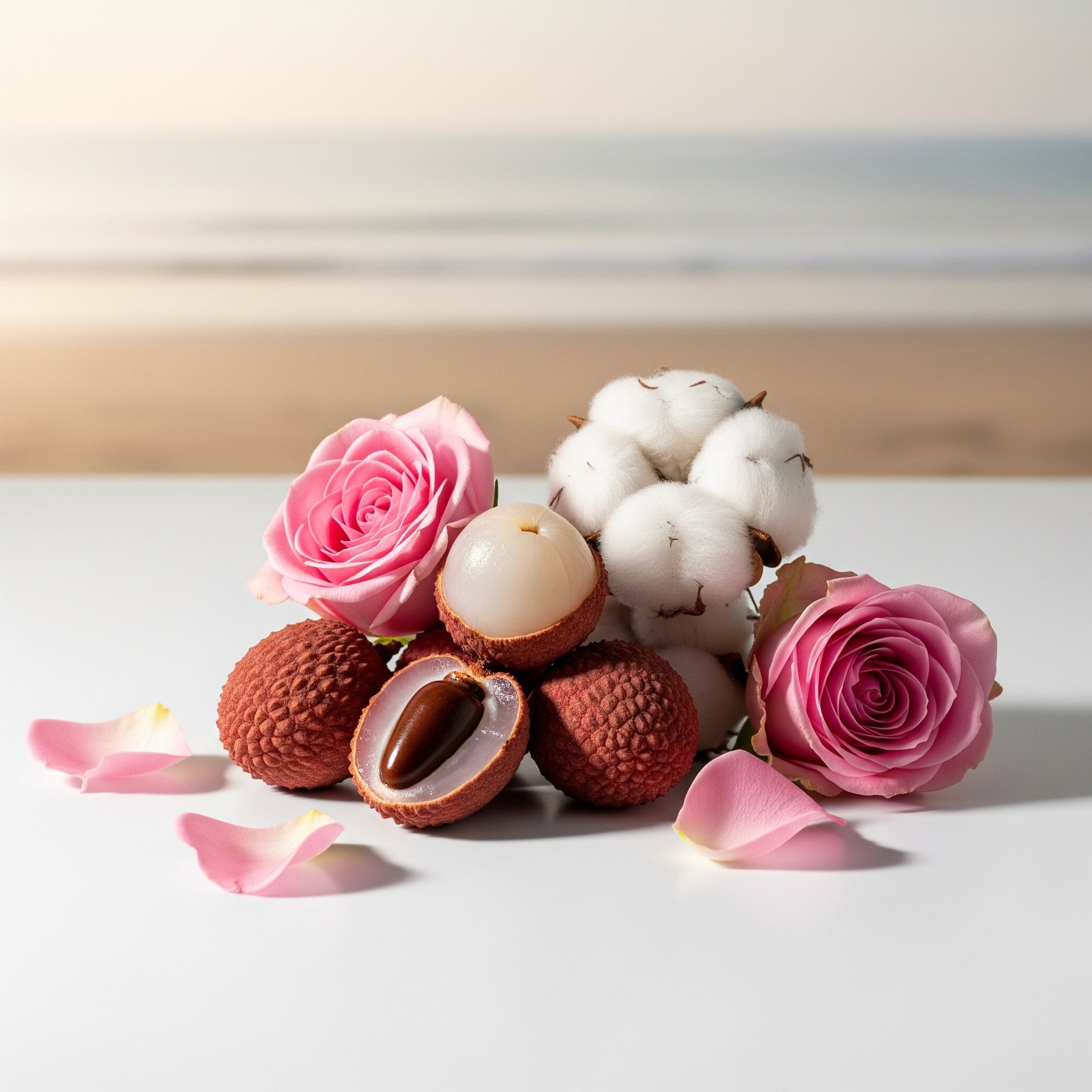 Soft and exotic olfactory notes with lychee, rose and cotton flower