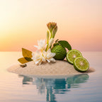 Fresh and exotic olfactory notes with tuberose flower, bergamot and green leaves on sand by the sea