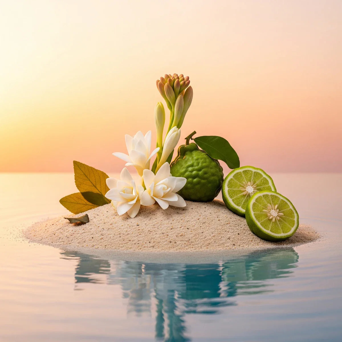 Fresh and exotic olfactory notes with tuberose flower, bergamot and green leaves on sand by the sea