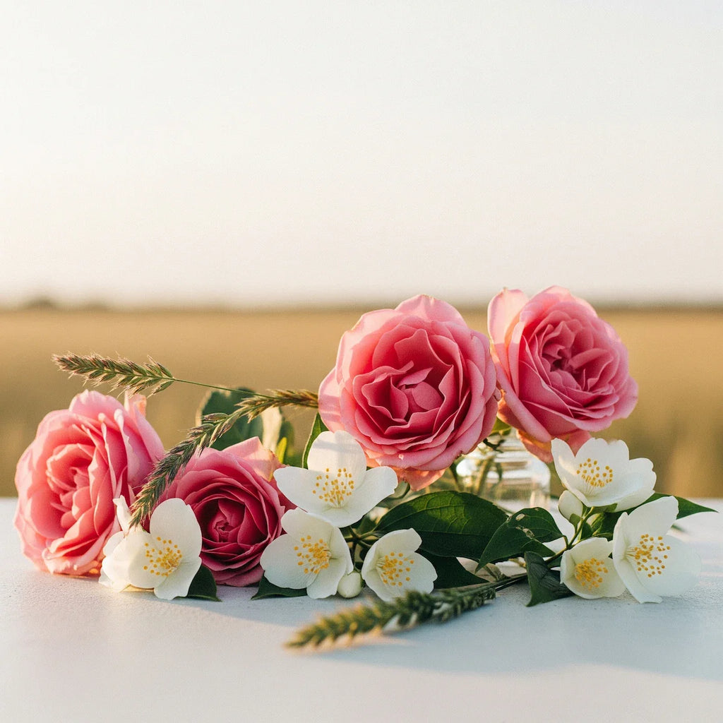 Olfactory notes of fresh rose and white jasmine in a field at sunset