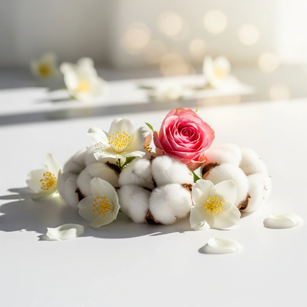 Olfactory notes of cotton, rose and white flowers