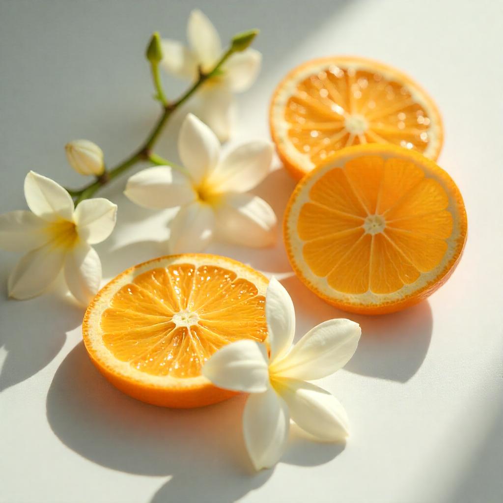 Orange and jasmine representing the olfactory notes of the perfume.