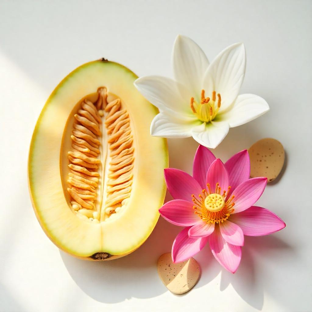 Melon, lotus flower, cedar and lily representing the olfactory notes of the perfume.