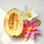 Melon, lotus flower, cedar and lily representing the olfactory notes of the perfume.