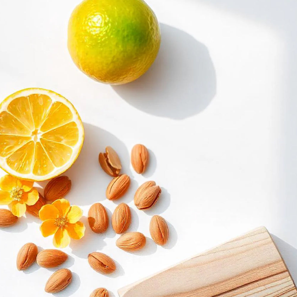 Lemon, almond and cedar representing the olfactory notes of the perfume.