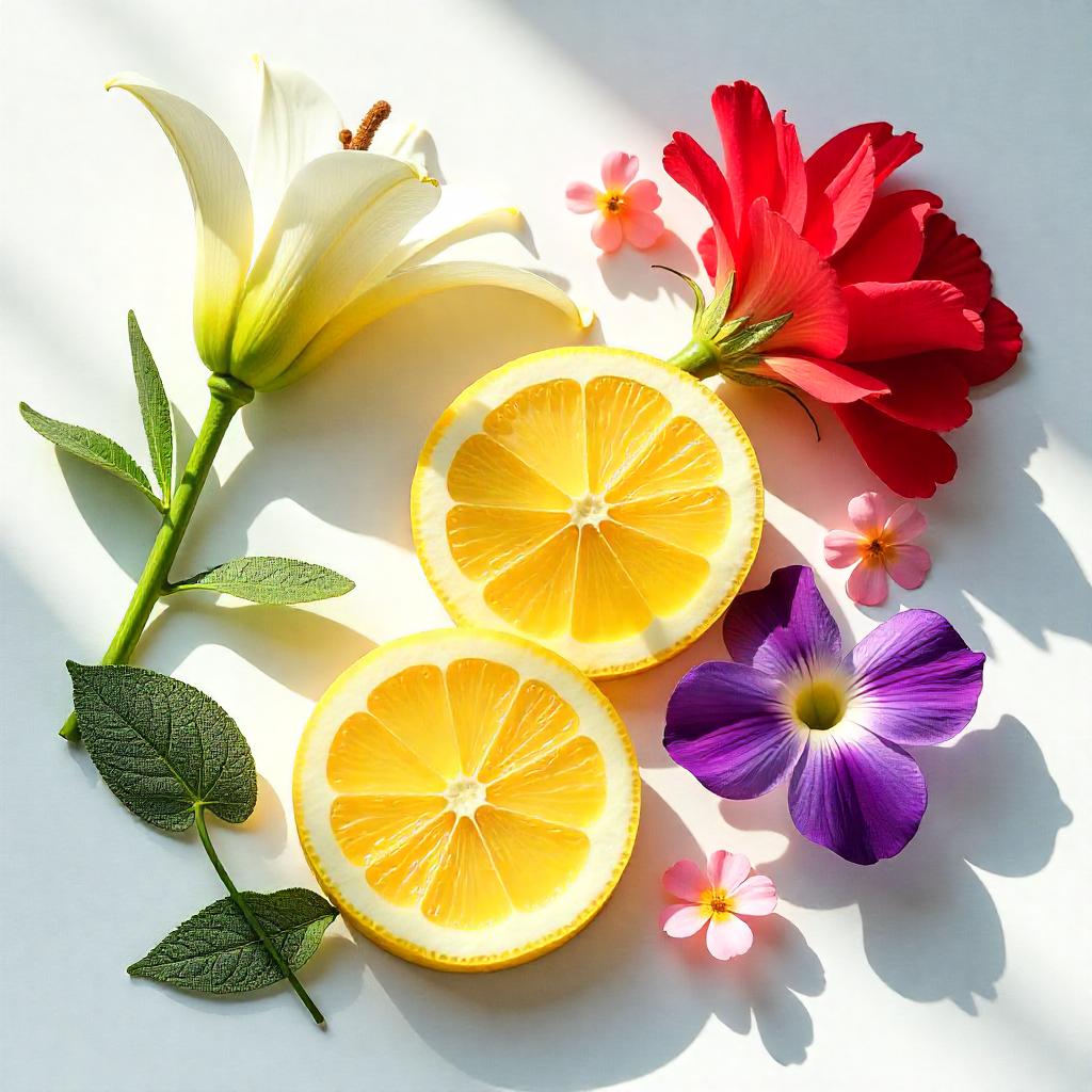 Citrus fruits, carnation and violet representing the olfactory notes of the perfume.