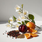 Plum, mandarin and lily representing the olfactory notes of the perfume.