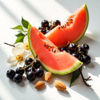 Currants, melon and jasmine representing the olfactory notes of the perfume.