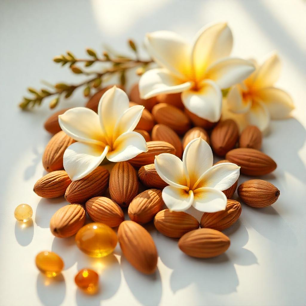 Jasmine, almond and amber representing the olfactory notes of the perfume.