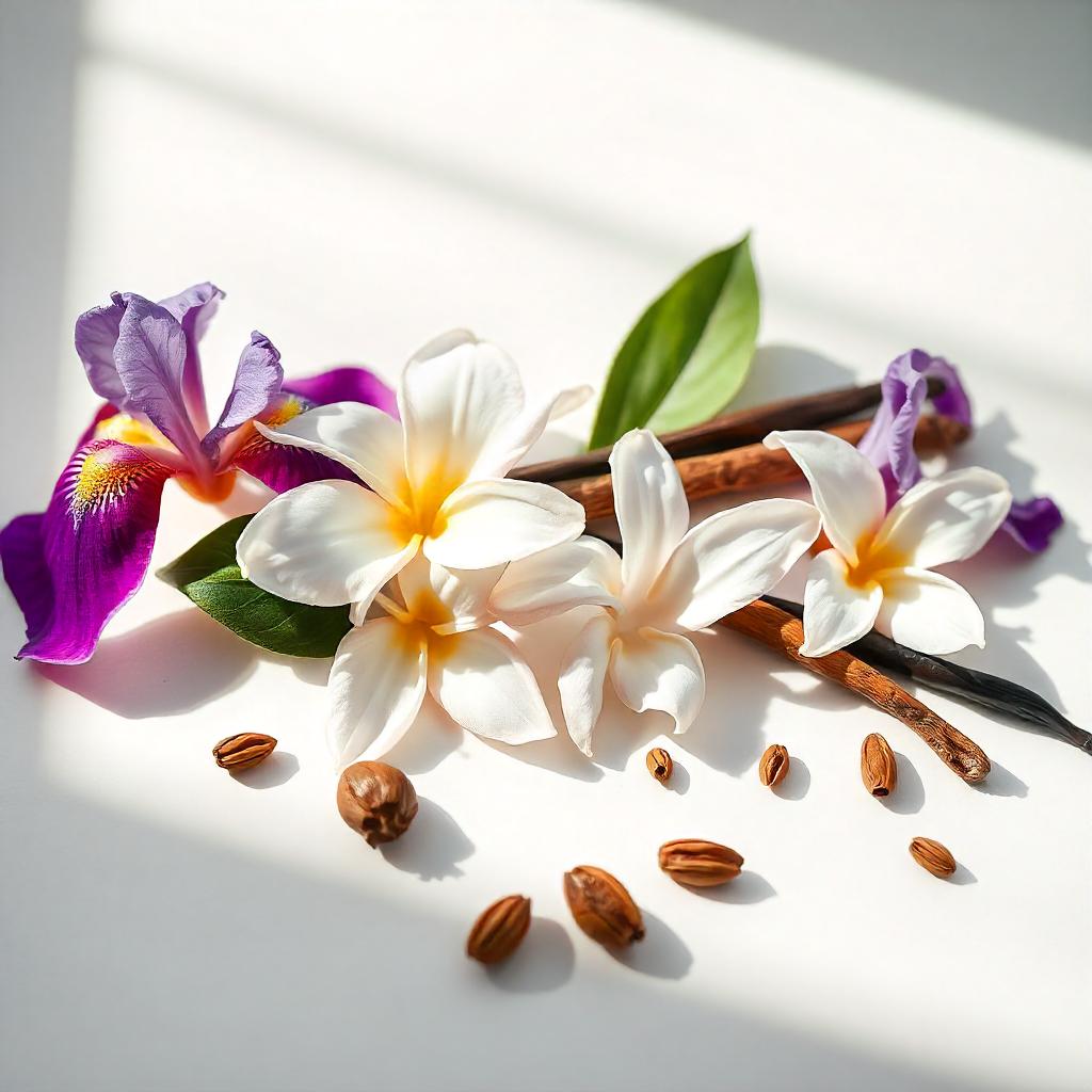 Perfume scent notes with purple iris, vanilla, cinnamon and tonka bean