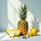 Pineapple, lime, pear and bergamot representing the olfactory notes of the perfume.