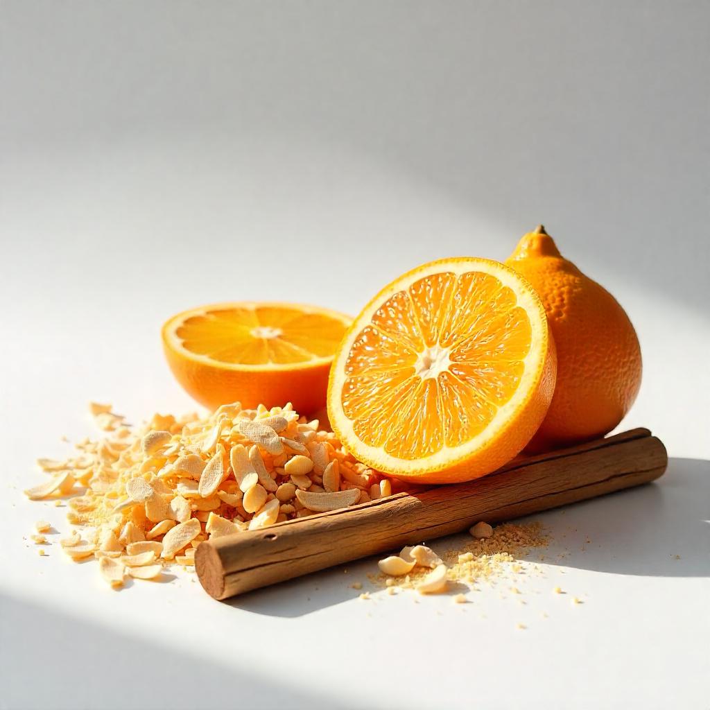Orange, rosewood and white pepper representing the olfactory notes of the perfume.