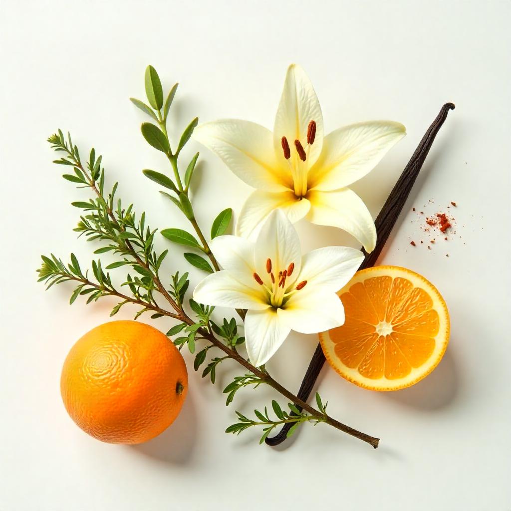 Mandarin, orchid, vanilla and thyme representing the olfactory notes of the perfume.