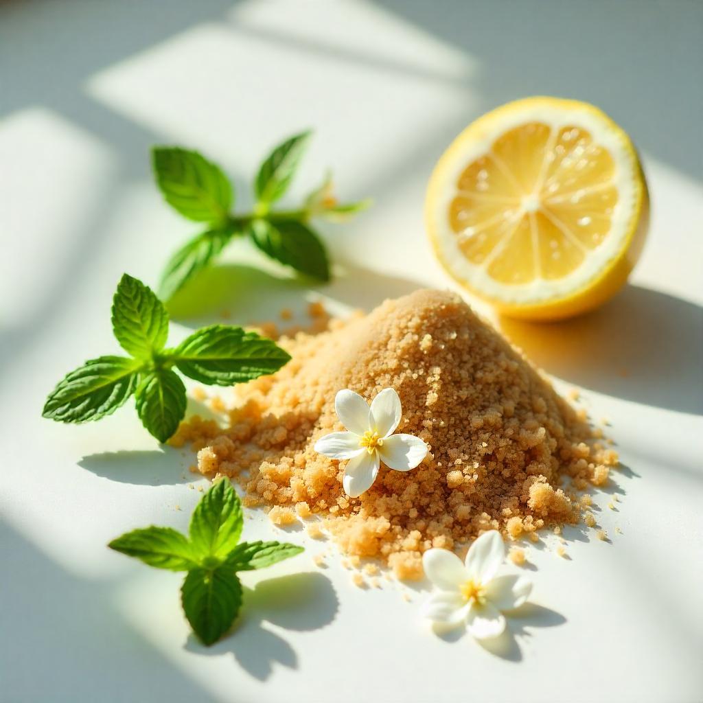 Lemon, mint and brown sugar representing the olfactory notes of the perfume.