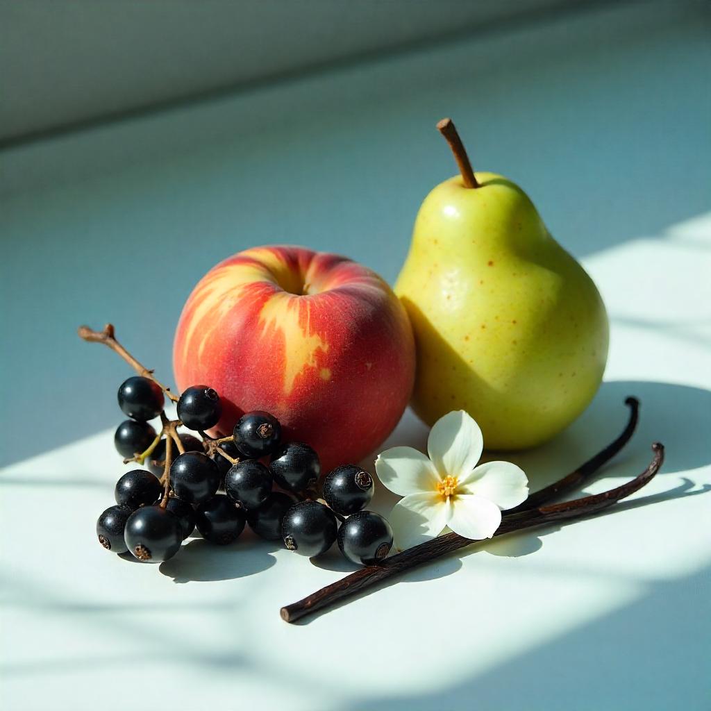 Apple, pear, vanilla and blackcurrants represent the olfactory notes of the perfume.