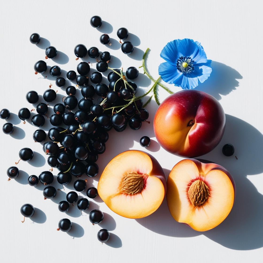 Blue poppy, peach and blackcurrants representing the olfactory notes of the perfume.
