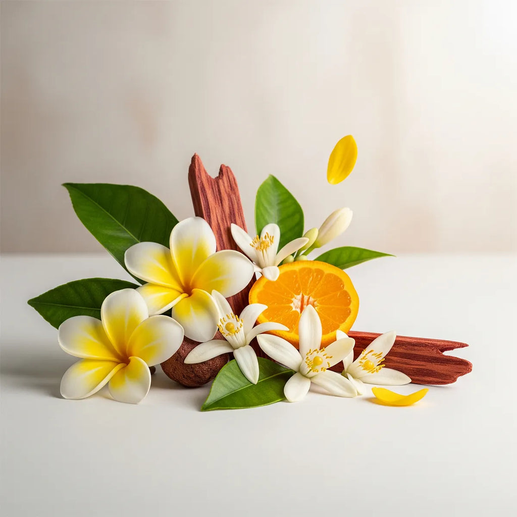 Scent notes of the perfume with white flowers, orange blossom, orange and sandalwood