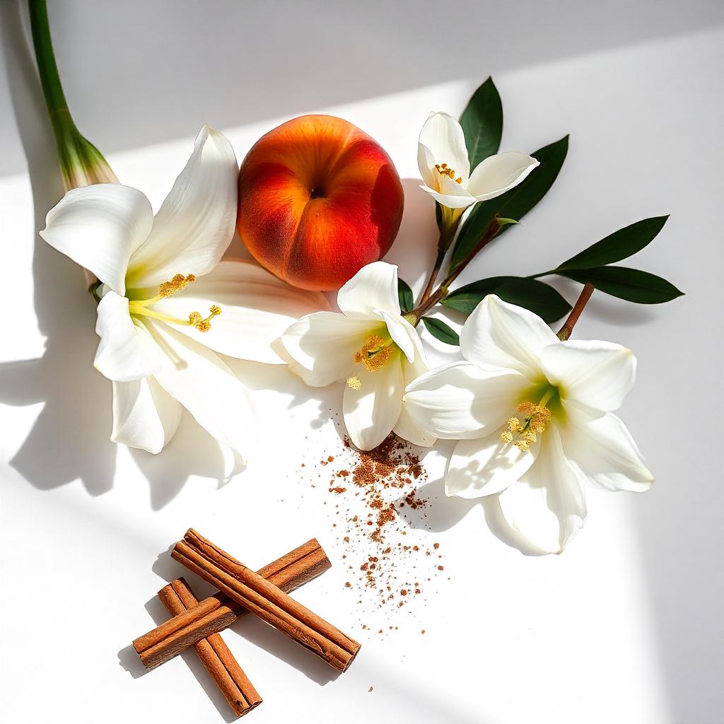 Perfume scent notes with white lilies, peach and cinnamon stick