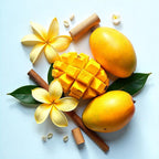 Mango, wood and jasmine representing the olfactory notes of the perfume.