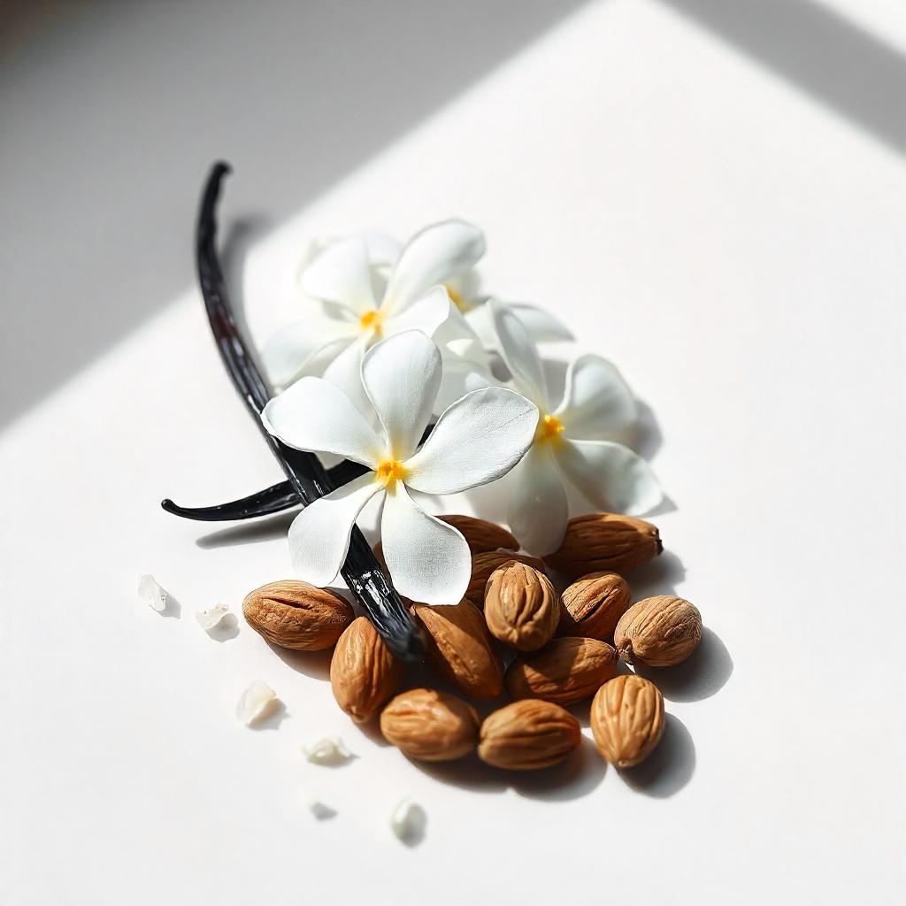 Jasmine, vanilla and almond representing the olfactory notes of the perfume.