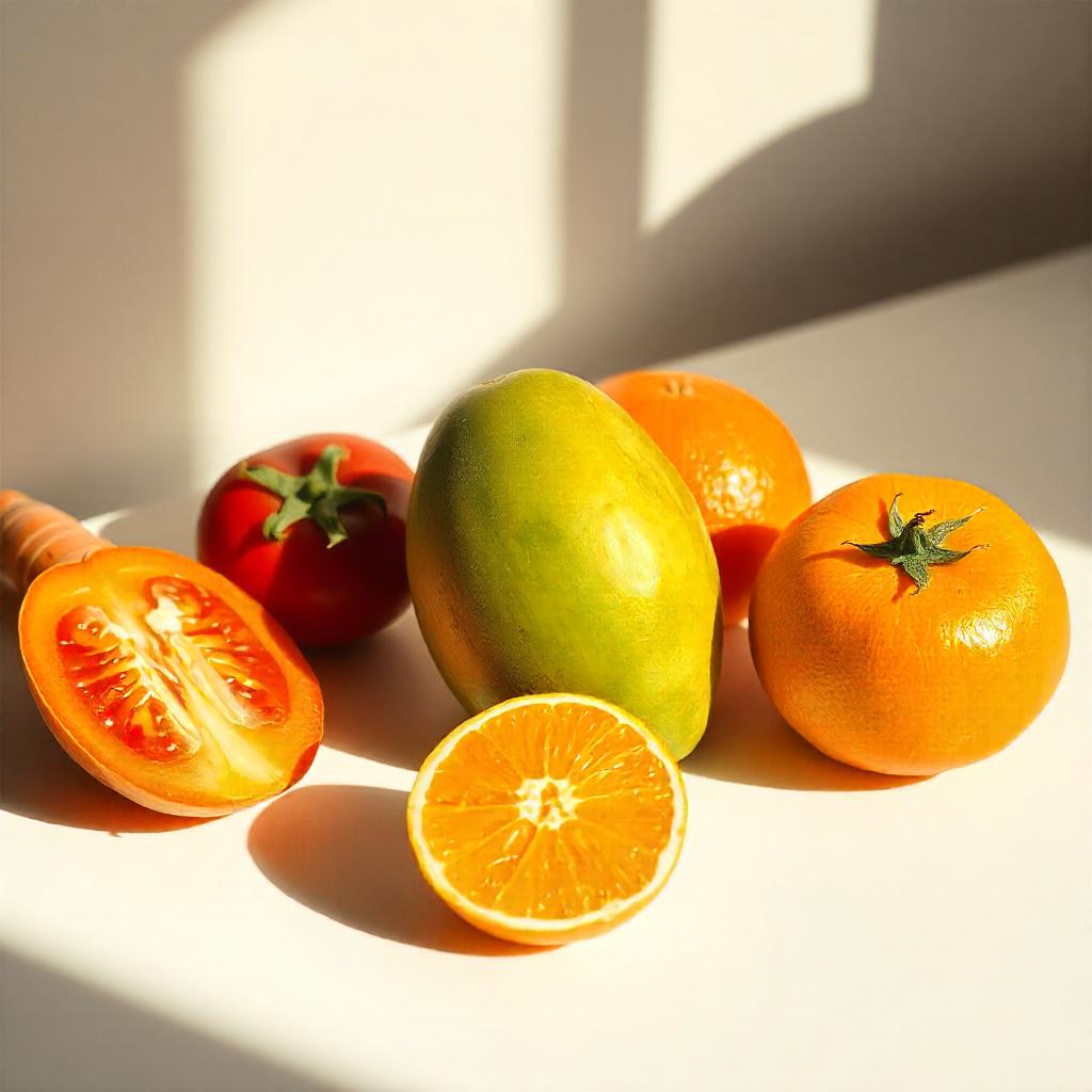 A carrot, a mango, a tomato, a grapefruit, oranges and a green mango representing the olfactory notes of the perfume.