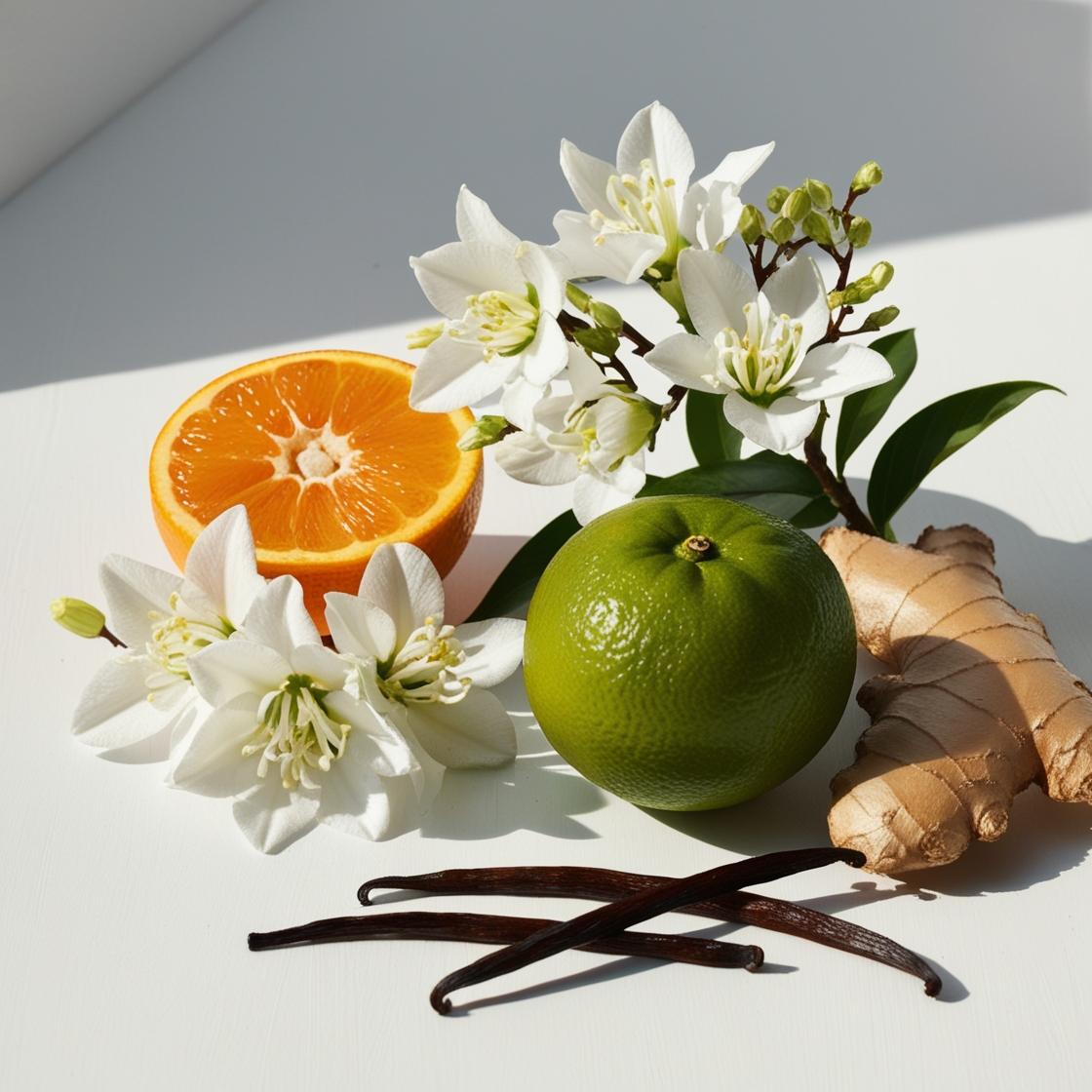 Green mandarin, ginger, and vanilla represent the olfactory notes of the perfume.