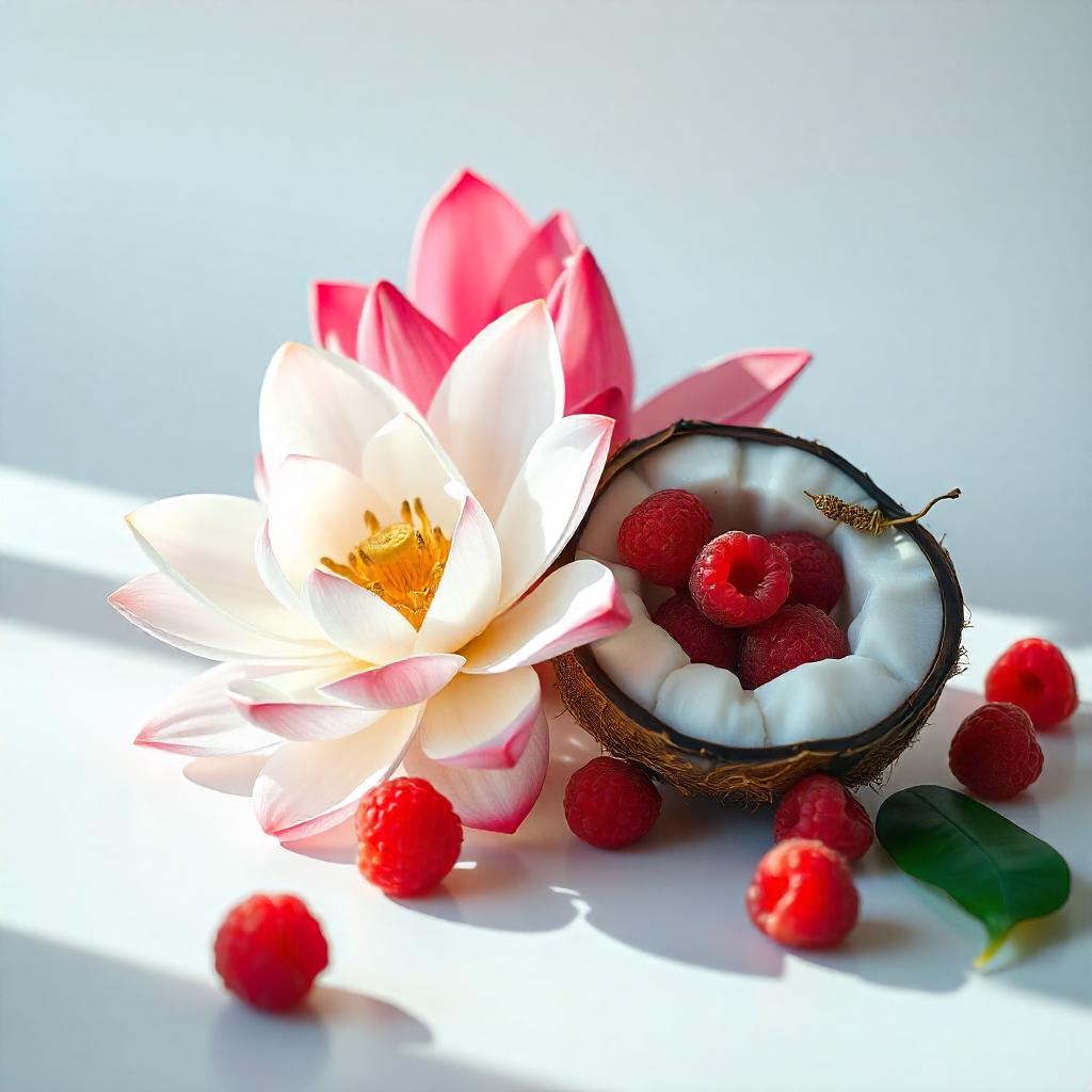 A lotus flower and a coconut full of raspberries represent the olfactory notes of the perfume.
