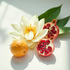 A hibiscus, pomegranate, and mandarin representing the olfactory notes of the perfume.