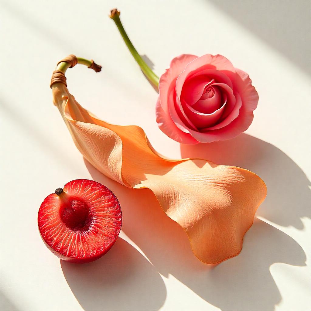 Bulgarian damask rose, half a plum and the Egyptian papyrus plant representing the olfactory notes of the perfume.