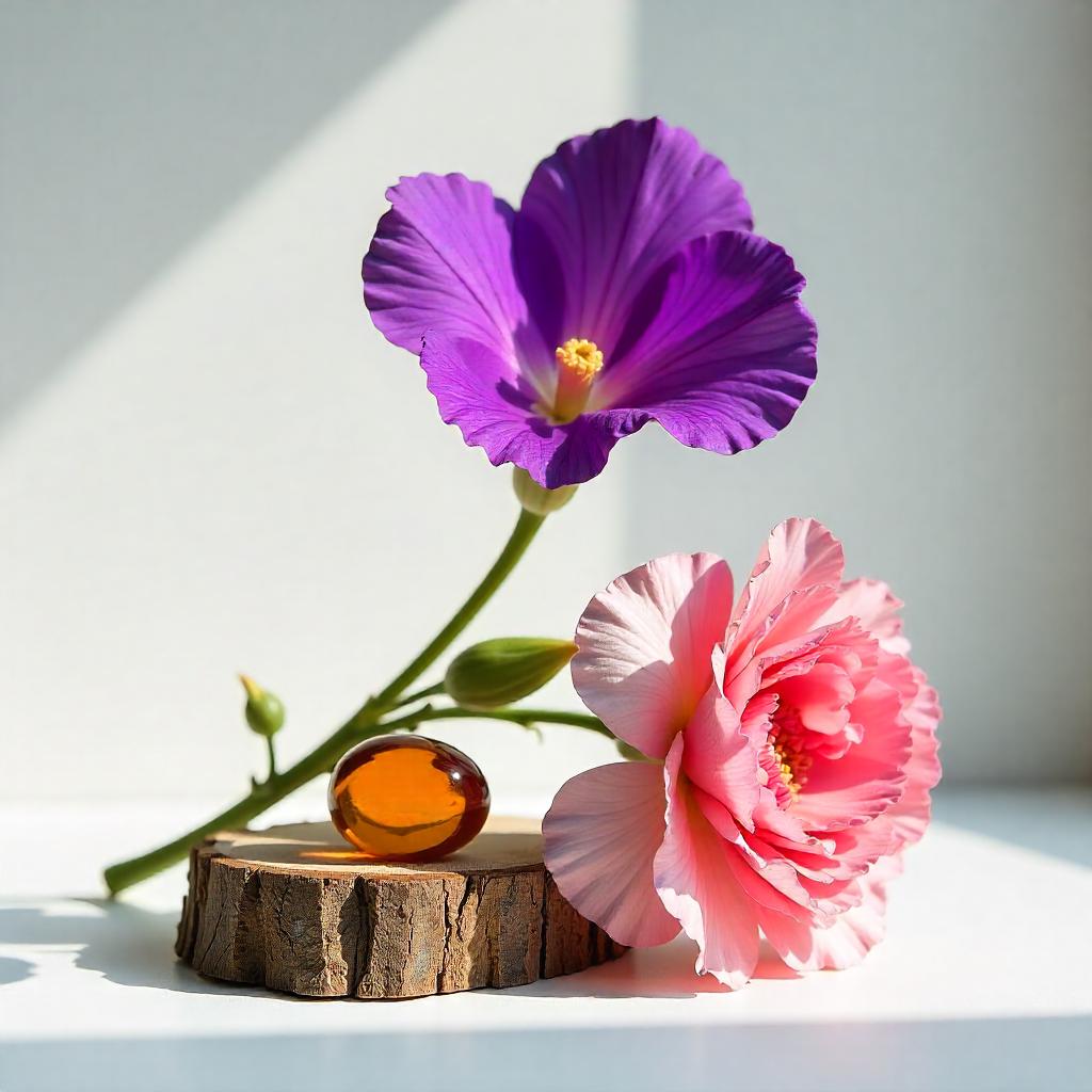 Orange blossom and a carnation on a piece of wood representing the olfactory notes of the perfume.