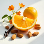 Orange, Grasse rose and almonds representing the olfactory notes of the perfume.